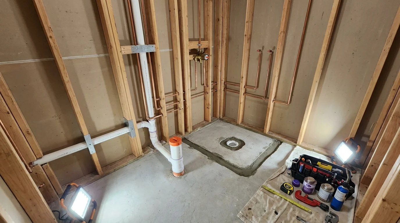 Bathroom rough-in plumbing during remodel by Johns Plumbing LLC in Altamont